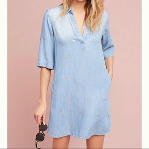 Anthropologie Chambray w/ Gold Polka Dot Dress - M